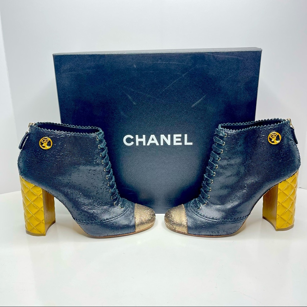 CHANEL Fantasy Short Boots Black & Gold Size 39